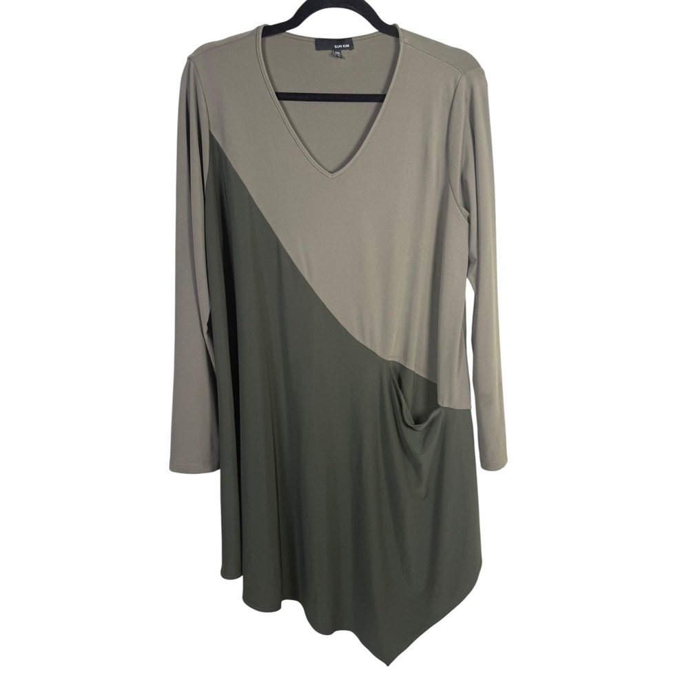 Sun Kim‎ Olive Green Color Block Asymmetrical Tunic Top Size Large